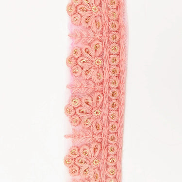 Pink Net Lace Trim With Floral Embroidery And Gold Sequins, Sequinned Trim, Wedding Trim Bridal Trim